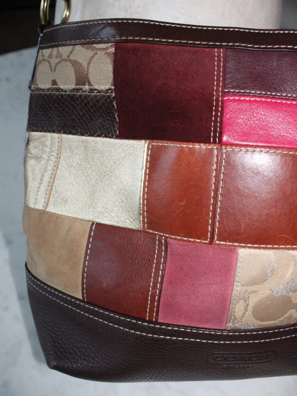 Coach Brown Patchwork Signature Canvas & Leather Shoulder Bag with Gold Hardware